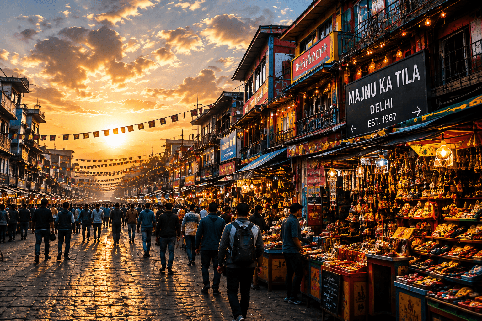 Vibrant marketplace at golden hour